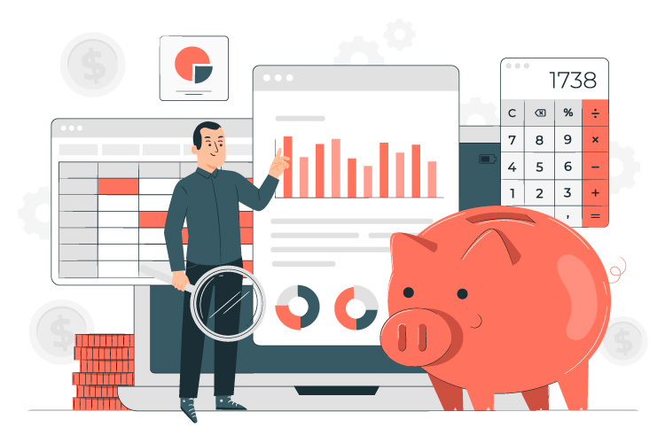 piggy bank illustration with charts
