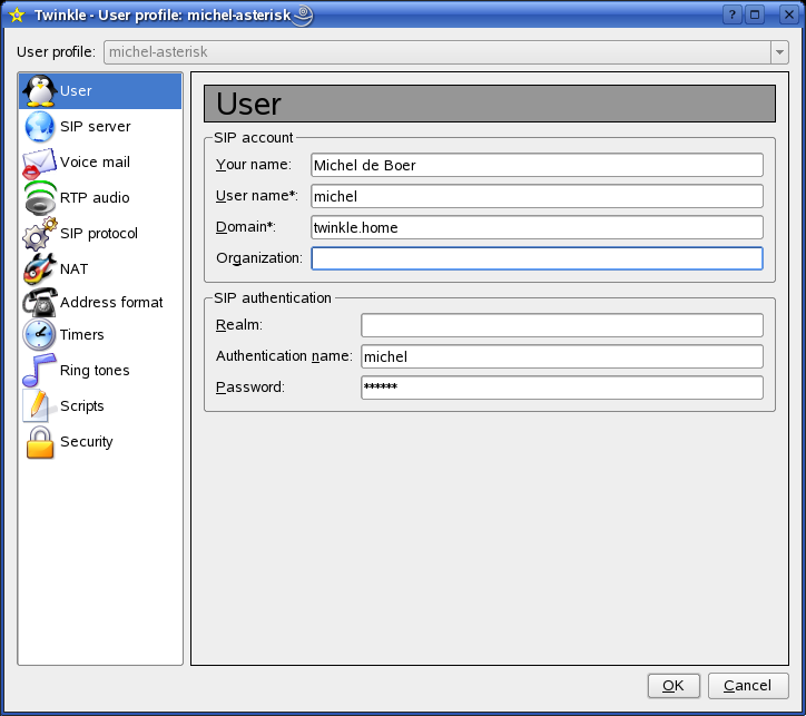 A screenshot of Twinkle's Dashboard, a VoIP tool